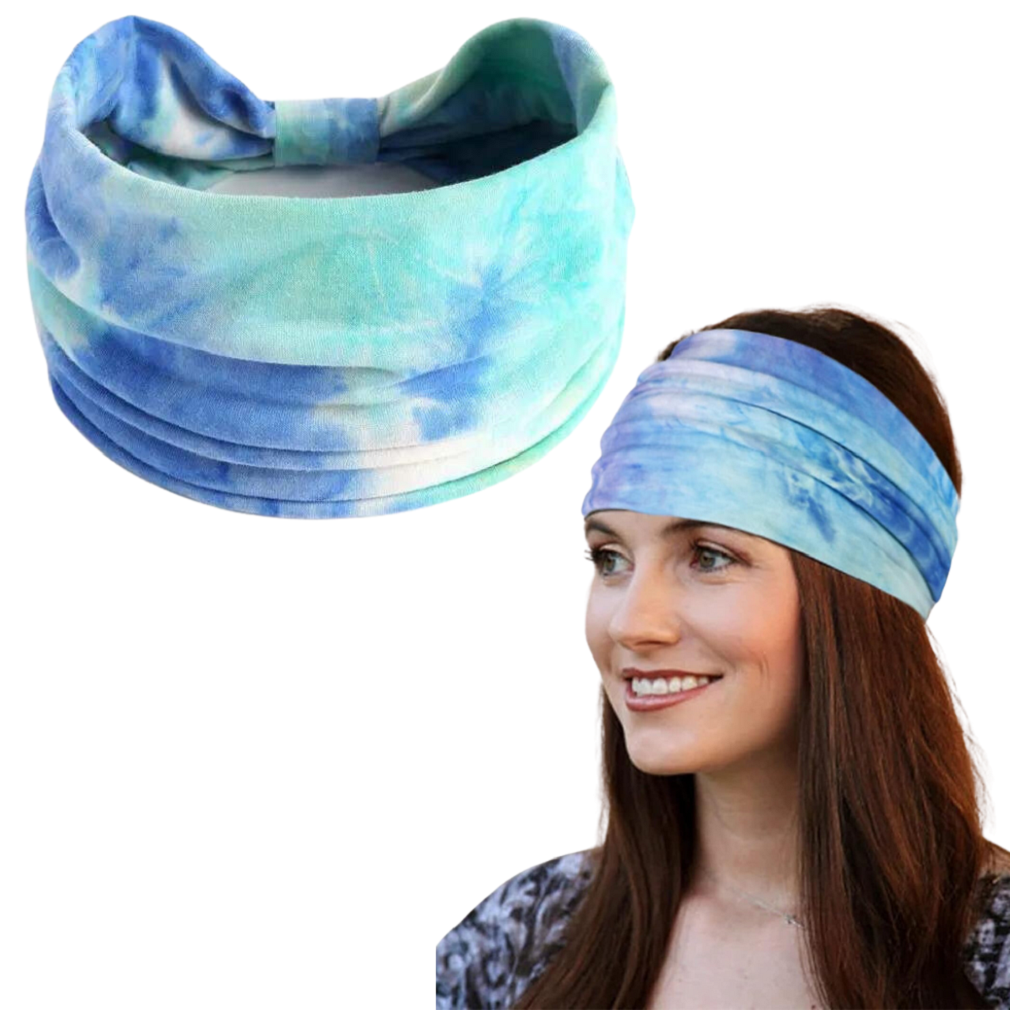 Blue XFyt super soft wide Tie Dye sweat workout gym hairband for women and girls