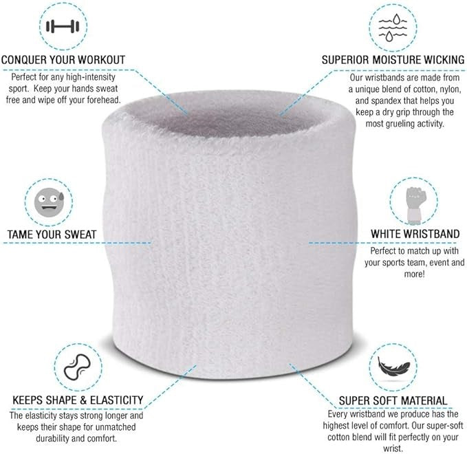 Cotton Wrist Sweat Band : White (Pack of 2)