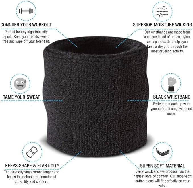 Cotton Wrist Sweat Band : Black (Pack of 2)