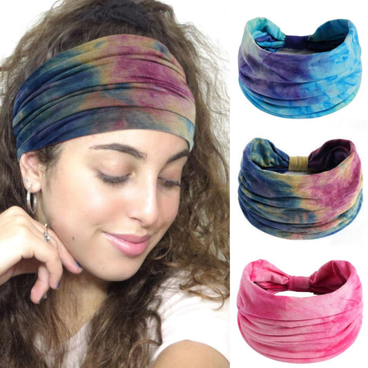 Pack of 3 XFyt super soft wide Tie Dye sweat workout gym sports hairband for women girls