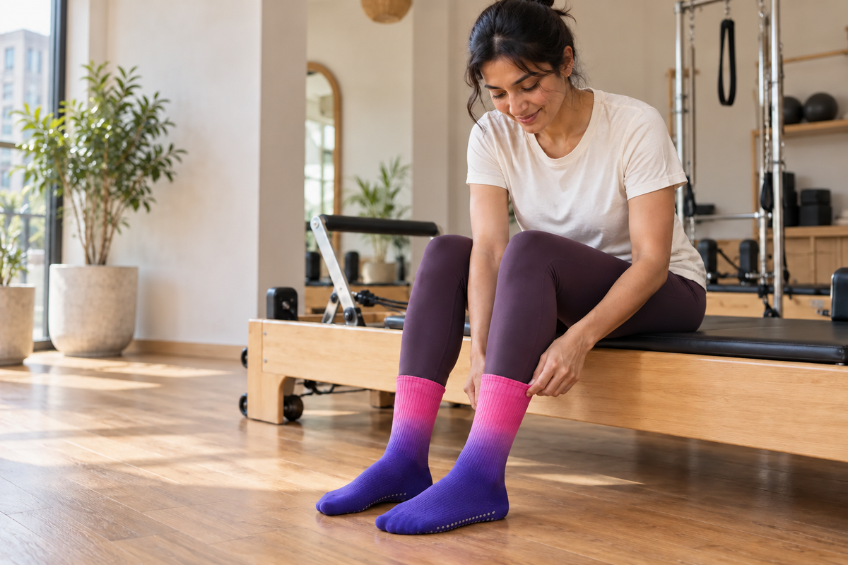 Woman adjusting Cosmic Berry FlowFade grip socks in a sunlit Pilates studio